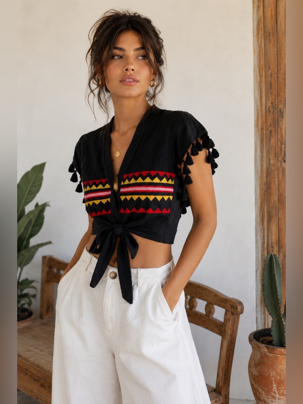 Carolina K Linen Black Embroidered back tie Crop Top with Tassel Sleeves